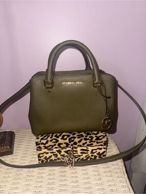 Michael Kors Olive Saffiano Satchel with Gold Hardware